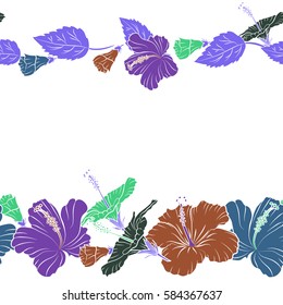 Seamless tropical flowers in brown, violet and green colors. Horizontal hibiscus vector pattern with copy space (place for your text) on a white background.