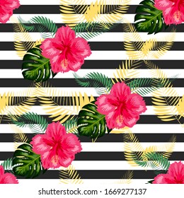 seamless tropical flowers with brush stripe pattern background.