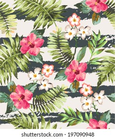 seamless tropical flowers with brush stripe vector pattern background