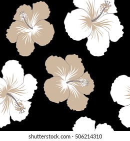 Seamless tropical flowers in gray and beige colors. Hibiscus vector pattern on a black background.