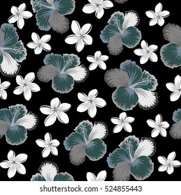 Seamless tropical flowers in gray, neutral and blue colors. Hibiscus vector pattern on a black background.