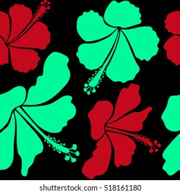 Seamless tropical flowers in green and red colors. Hibiscus vector pattern on a black background.