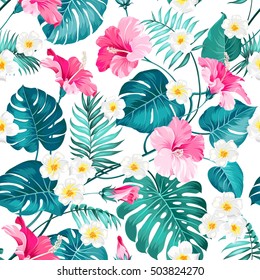 Seamless tropical flowers and jungle palms. Beautiful fabric pattern with a tropical flowers isolated over white background. Blossom plumeria for seamless pattern background.