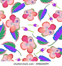 Seamless tropical flowers, leaves and buds. Vector multicolored hibiscus pattern a white background.
