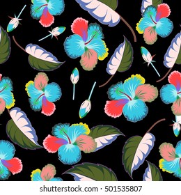 Seamless tropical flowers, leaves and buds. Vector multicolored hibiscus pattern a black background.