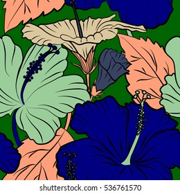 Seamless tropical flowers, leaves and buds. Vector multicolored hibiscus pattern a green background.