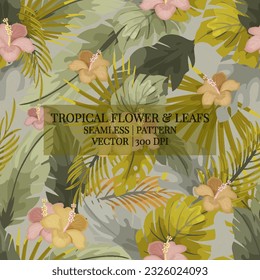 Seamless Tropical flowers Mid-Century Modern Art Future Abstract and artistic palm leaves on background. Vector pattern.
