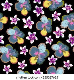 Seamless tropical flowers in neutral, blue and magenta colors. Hibiscus vector pattern on a black background.