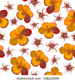 Seamless tropical flowers in orange, red and brown colors. Hibiscus vector pattern on a white background.