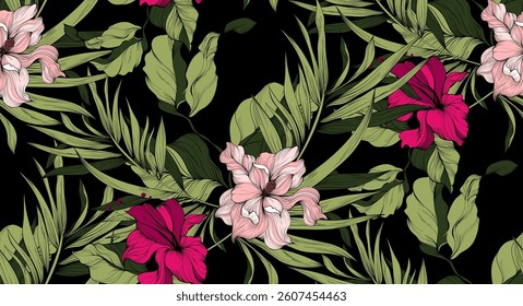 Seamless tropical flowers pattern. Seamless leaves pattern. Abstract pattern design