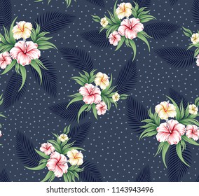 Seamless  tropical flowers pattern on grey background