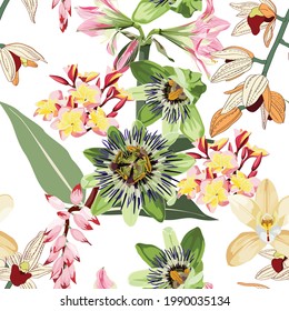 Seamless tropical flowers pattern, Passiflora, plumeria, orchids flowers. Jungle leaves  floral pattern background.