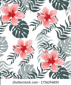 Seamless tropical flowers pattern. Textile print pattern. Exotic flowers pattern.