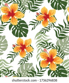 Patrón de diseño de flor de hibiscos tropicales, patrón vectorial tropical.