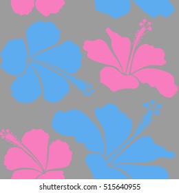 Seamless tropical flowers in pink, blue and gray colors. Hibiscus vector seamless pattern.