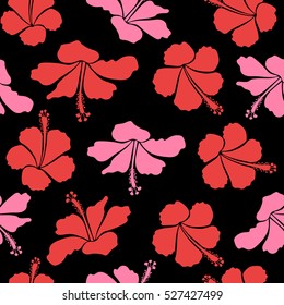Seamless tropical flowers in pink colors. Hibiscus vector pattern on a black background.