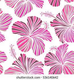 Seamless tropical flowers in pink, purple and neutral colors. Hibiscus vector pattern on a white background.