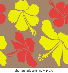 Seamless tropical flowers in pink, yellow and beige colors. Hibiscus vector seamless pattern.