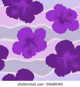 Seamless tropical flowers in purple and violet colors. Hibiscus vector seamless pattern.