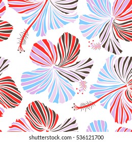 Seamless tropical flowers in red, brown and neutral colors. Hibiscus vector pattern on a white background.
