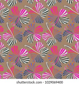 Seamless tropical flowers, vector hibiscus pattern on a beige background.