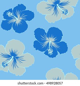 Seamless tropical flowers, vector hibiscus pattern a blue background.