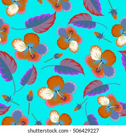 Seamless tropical flowers, vector hibiscus pattern on a blue background.