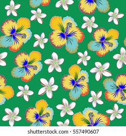 Seamless tropical flowers, vector hibiscus pattern on a green background.