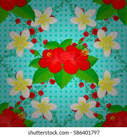 Seamless tropical flowers, vector hibiscus pattern on a blue background.