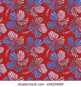 Seamless tropical flowers, vector hibiscus pattern on a red background.