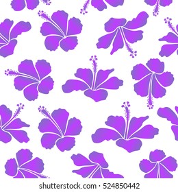 Seamless tropical flowers in violet colors. Hibiscus vector pattern on a white background.