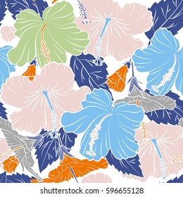 Seamless tropical flowers in violet and orange colors. Hibiscus vector pattern on a white background.