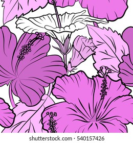 Seamless tropical flowers in violet, pink and white colors. Hibiscus vector pattern on a white background.