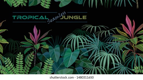 Seamless tropical forest with herbs, shrubs and many other plants.