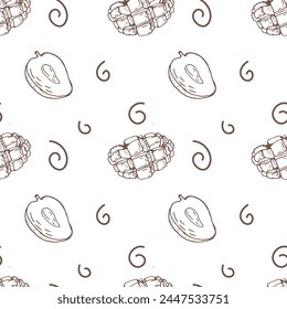 Seamless tropical fruit mango background. Vector illustration can used for wrapping paper, backdrop, poster, wallpaper. Mango outline sketch. 