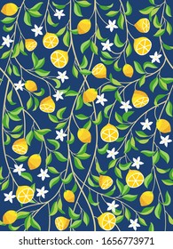 Seamless tropical fruit pattern background with lemons, flowers and spring branches. Vector illustration