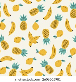 Seamless tropical fruit pattern with bananas pineapples lemons, vector background simple flat, retro colors, fresh summer design, exotic decorative print, trendy bright texture natural organic stylish
