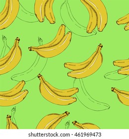 Seamless tropical fruit pattern with bananas. Cartoon sketch. Hand drawn vector illustration.