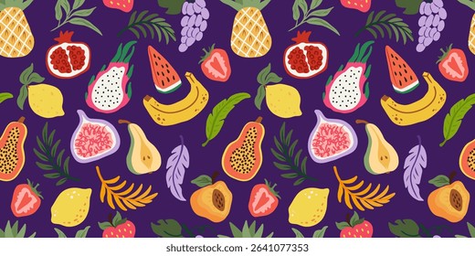 Seamless tropical fruit pattern with colorful hand-drawn bananas, lemons, dragon fruits, papayas, figs, pears, pomegranates, strawberries, grapes, watermelon and leaves on purple background