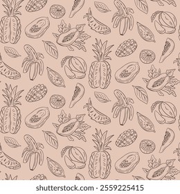 Seamless tropical fruit pattern with doodle pineapples, bananas, papayas, mangoes, and coconuts in hand drawn line art style on trendy color background. Vector outline doodle illustration