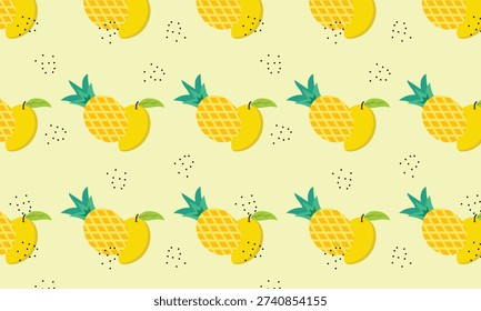 Seamless tropical fruit pattern featuring mango and pineapple on a light yellow background. Bright summer design with fresh exotic fruits arranged in a repeating layout. Perfect for textile design, fabric print, wallpaper, wrapping paper, packaging, stationery, and surface pattern projects. Vibrant and modern tropical illustration ideal for summer and food-themed designs.