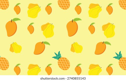 Seamless tropical fruit pattern featuring papaya, mango, and pineapple on a light yellow background. Bright and colorful summer design with exotic fruits arranged in a repeating layout. Perfect for textile prints, fabric, wallpaper, packaging, wrapping paper, stationery, and surface pattern design. Fresh, vibrant, and modern tropical illustration ideal for summer and food-themed projects.