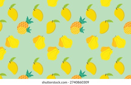 Seamless tropical fruit pattern featuring mango, papaya, and pineapple on a light green background. Bright and fresh summer design with exotic fruits arranged in a repeating layout. Perfect for textile prints, fabric design, wallpaper, packaging, wrapping paper, stationery, and surface pattern projects. Vibrant tropical illustration ideal for summer, food, and botanical themed designs.