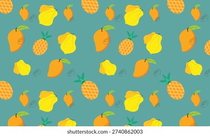 Seamless tropical fruit pattern featuring mango, papaya, and pineapple on a green background. Fresh and vibrant summer design with exotic fruits arranged in a repeating layout. Perfect for textile prints, fabric design, wallpaper, packaging, wrapping paper, stationery, and surface pattern projects. Bright tropical illustration ideal for food, botanical, and summer themed designs.