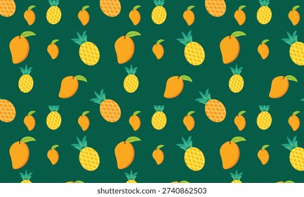 Seamless tropical fruit pattern featuring pineapple and mangos on a dark green background. Bold and vibrant summer design with exotic fruits arranged in a repeating layout. Perfect for textile prints, fabric design, wallpaper, packaging, wrapping paper, stationery, and surface pattern projects. Fresh tropical illustration ideal for food, botanical, and island themed designs.