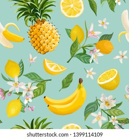 Seamless Tropical Fruit pattern with lemon, banana, pineapple, fruits, leaves, flowers background. Hand drawn vector illustration in watercolor for summer cover, tropical wallpaper, vintage texture