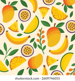 Seamless tropical fruit pattern with mango, banana, pineapple, melon, and passion fruit. Bright summer design for textiles, wallpapers, wrapping paper, and kitchen decor.