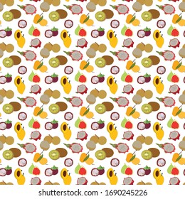 seamless tropical fruit pattern with mangosteen, nactarine, fig, mango, longan, banana, dragon fruit and canistel on white background.