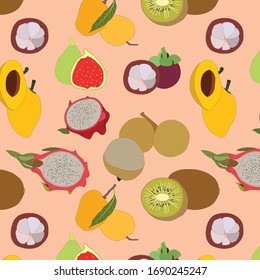 seamless tropical fruit pattern with mangosteen, nactarine, fig, mango, longan, banana, dragon fruit and canistel on pink background.