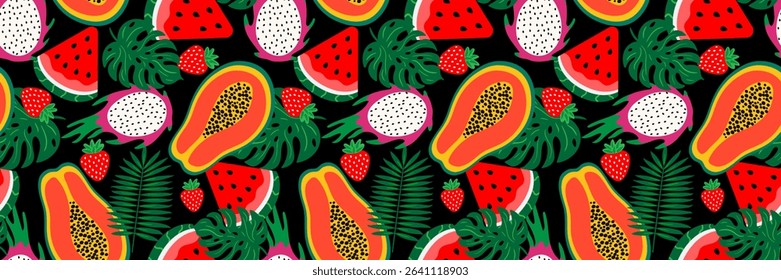 seamless tropical fruit pattern with papaya, dragon fruit, watermelon, strawberry and palm leaves on black background for summer textile, wrapping and decor